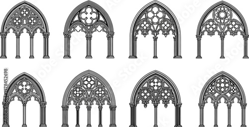 Elegant set of eight detailed Gothic architectural arches and window tracery vector illustration