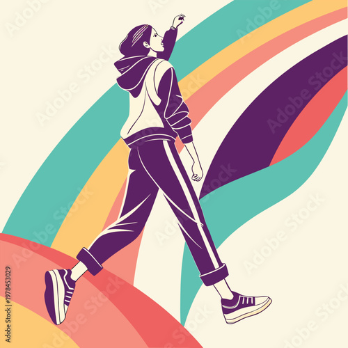 Person walking with abstract rainbow shapes walking forward abstract art abstract colorful movement progress illustration optimism lifestyle activity creative background