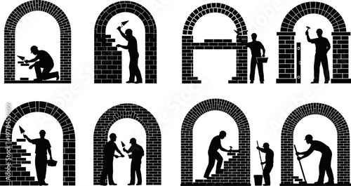 Skilled Bricklayers Constructing Brick Arches, Detailed Vector Illustration of Masonry Work