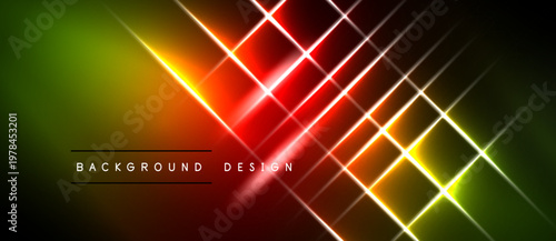 Abstract neon lines create vibrant geometric pattern. Gradient colors blend from green to red. Modern design element for backgrounds.