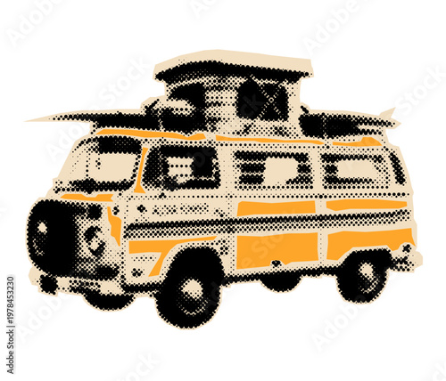 Camper van halftone cutout . Pop art collage element. Van life sticker.