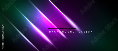 Abstract neon lines over dark background. Gradient purple, green hues create dynamic visual effect. Modern design element.