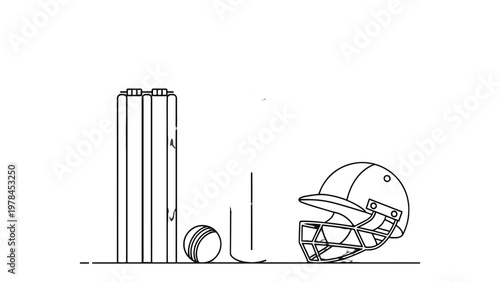 Cricket Essentials: A simple illustration of a cricket wicket, ball, bat, and helmet on display, capturing the core elements of the sport.