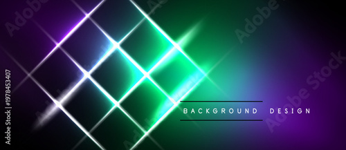 Abstract geometric pattern. Bright neon lines intersect creating glowing squares. Dark background enhances vibrant colors. Modern design element.