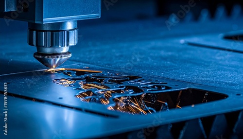 Laser cutting machine in operation with sparks flying.