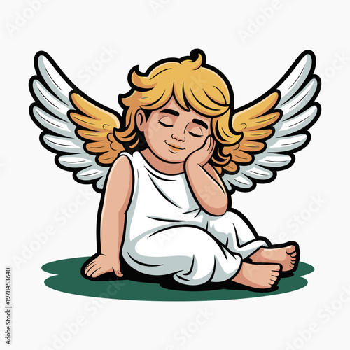 Sitting angel with wings in calm pose. Spiritual illustration for religion and peace concept.