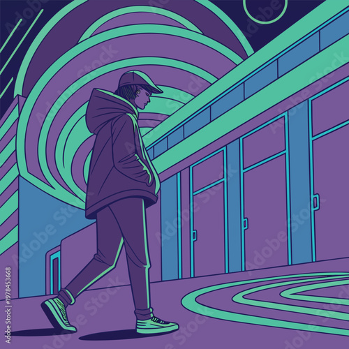 Stylish young man walking by a modern building with colorful abstract circular patterns in the background young adult contrasting colors building architecture street style outerwear lifestyle