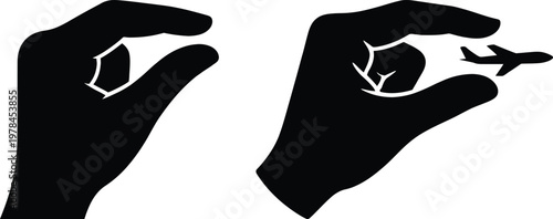 Black silhouette hand flicking small airplane icon on white background. Hand gesture, launching a small airplane. Travel freedom, creative ideas, startup launches, and the power of imagination.