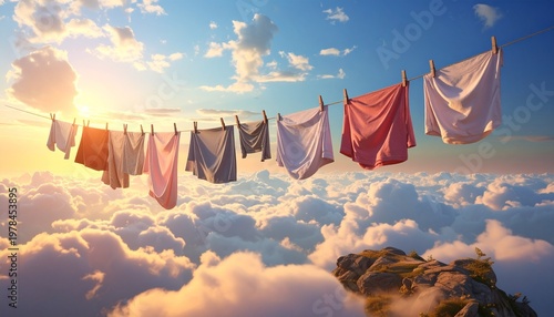 Laundry day in the sky - Clothesline above the clouds at sunset.