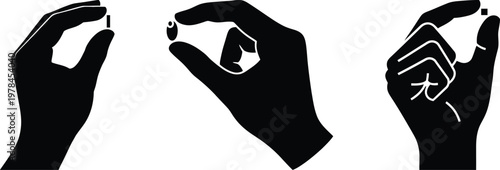 Foto Set of hand gestures holding small objects and pills silhouette vector icon