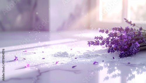 Lavender bouquet on marble surface with soft light and scattered petals.