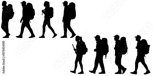 Collection of hiking backpacker silhouettes showing male and female travelers with backpacks and trekking gear in different walking poses