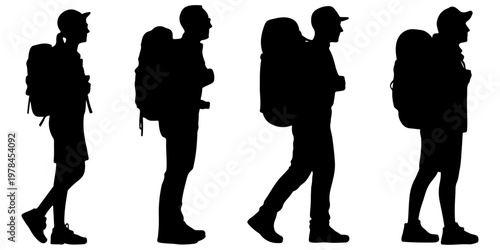 Collection of hiking backpacker silhouettes showing male and female travelers with backpacks and trekking gear in different walking poses