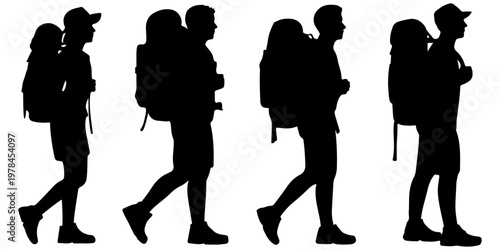 Collection of hiking backpacker silhouettes showing male and female travelers with backpacks and trekking gear in different walking poses