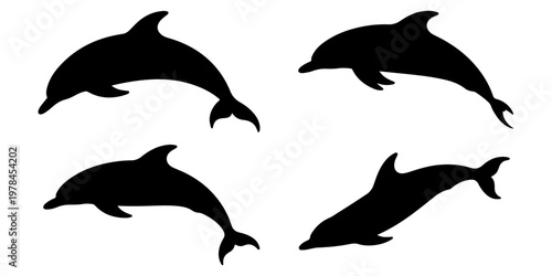 Set of dolphin silhouettes in different swimming poses marine animals