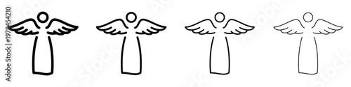 Set of linear angel icons with wings with different stroke weights. Minimalist symbols of spirituality, protection, hope, Christmas, and faith. Vector illustration.
