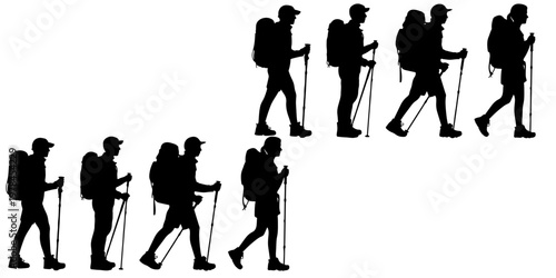 Group of hikers silhouettes with trekking poles and backpacks walking in different poses representing adventure travel and outdoor exploration