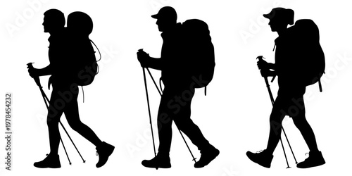 Group of hikers silhouettes with trekking poles and backpacks walking in different poses representing adventure travel and outdoor exploration