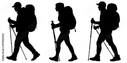 Group of hikers silhouettes with trekking poles and backpacks walking in different poses representing adventure travel and outdoor exploration