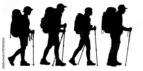 Group of hikers silhouettes with trekking poles and backpacks walking in different poses representing adventure travel and outdoor exploration