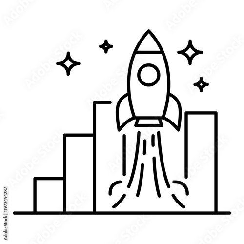 Linear icon of a rocket taking off over a growth chart. Symbol of successful startup, progress, and rapid business development.