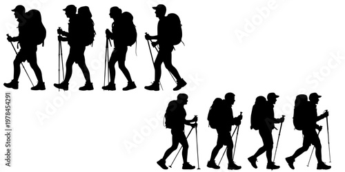 Group of hikers silhouettes with trekking poles and backpacks walking in different poses representing adventure travel and outdoor exploration