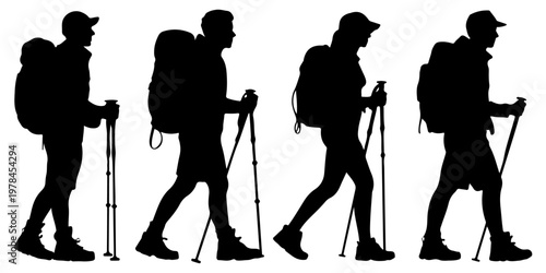 Group of hikers silhouettes with trekking poles and backpacks walking in different poses representing adventure travel and outdoor exploration