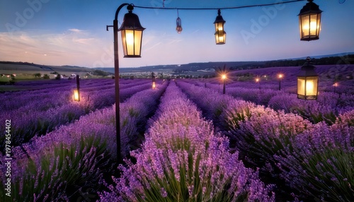 Lavender field at dusk with illuminated lanterns creating a magical atmosphere.