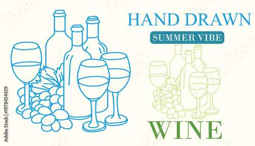 Hand drawn summer vibe wine bottle, glass and grapes illustration vector. Elegant blue and green outline sketch duo, perfect for winery, bar, menu and celebration designs.