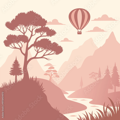 Hot air balloon floating over serene mountain landscape with river and trees mountains landscape adventure outdoors peaceful illustration silhouette ballooning exploration vacation