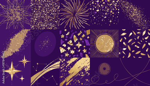 Gilding texture and application vector collage with gold leaf patterns