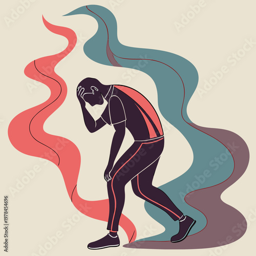 Person feeling distressed amidst swirling abstract shapes with mental health distress frustration overwhelmed difficult suffering unhappiness melancholy unpleasant negative exhausted