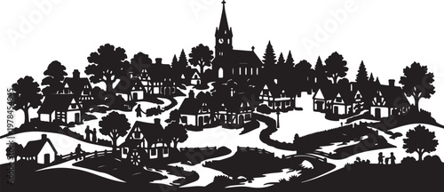 Silhouette of a traditional european village with a church spire and timber framed houses