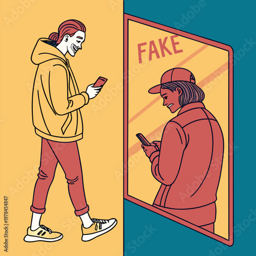 Person looking at smartphone with reflection showing "fake" social media deception illusion reflection smartphone disinformation misleading internet communication illustration technology
