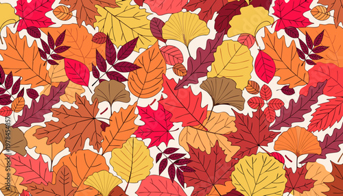A vibrant autumn foliage seamless pattern covers the entire surface with colorful leaves.