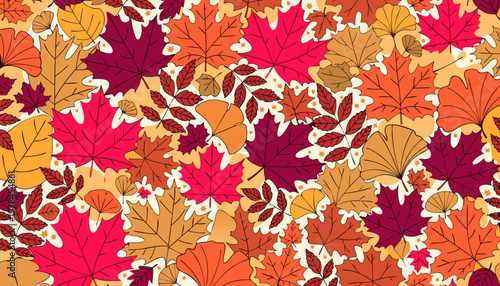 An illustration of a vibrant autumn leaf pattern with colorful leaves scattered widely.