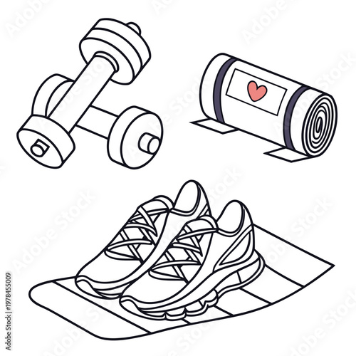 Exercise equipment for fitness and workout with yoga mat running shoes home workout line art exercise dumbbells sneakers equipment activity training lifestyle illustration athletic