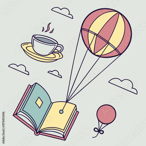 Open book inspiring imagination with balloon and coffee cup imagination learning education creativity inspiration knowledge illustration beverage literacy uplifting