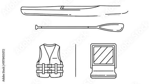 Canoeing Essentials: A minimalist depiction of essential canoeing equipment. A canoe, paddle, life jacket and a cooler for a safe and enjoyable journey.