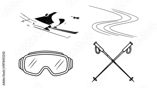 Skiing Elements: An illustrative display, showcasing the essence of skiing with iconic elements like a skier in action, curved ski trails, protective goggles, and crossed ski poles.