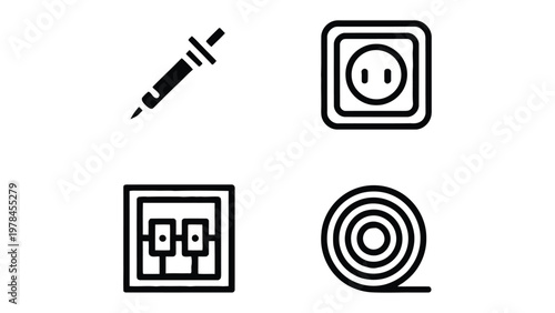 Electrical Icons: A collection of essential electrical icons. Including a soldering iron, electrical outlet, light switch, and electrical tape, meticulously depicted in minimalist outline.