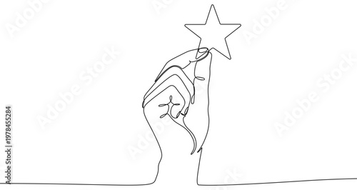 Illustration of a hand holding a star, made in one continuous line. Minimalist success and rating drawing with a black stroke on a white background, vector illustration.