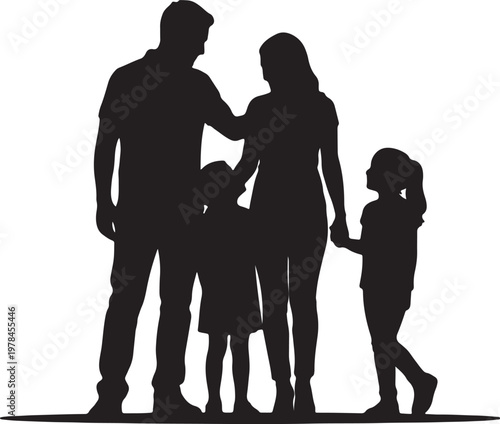 Silhouette of a happy family of four with two young children standing together on a white background.