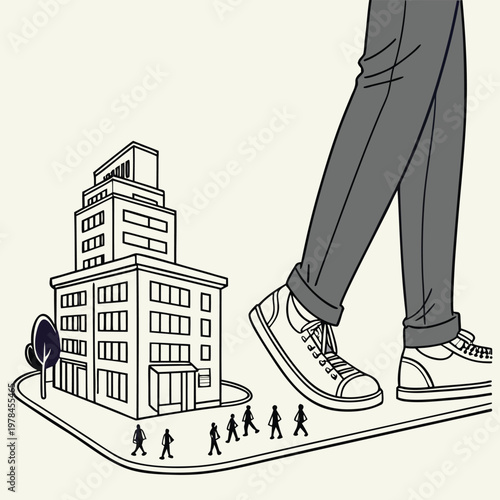 Giant legs walking past small people and office building with building illustration metaphor business sidewalk oversized perspective comparison influence corporate contrast minimalist