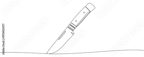 Illustration of a sharp hunting knife, made in one continuous line. Minimalist metal blade and handle drawing with a black stroke on a white background, vector illustration.