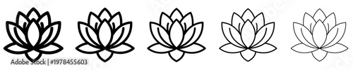 Set of linear lotus icons with different stroke weights. Minimalist illustration of a flower symbolizing harmony, purity, spa treatments, and spiritual growth. Vector illustration.