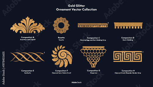 Vector illustration of gold glitter architectural details and ornaments