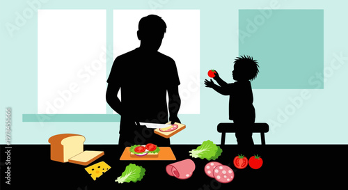 Man and child preparing food together.
