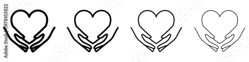 Set of linear heart in hands icons with different stroke weights. Minimalist design symbolizing care, support, love, and charity in a modern style. Vector illustration.