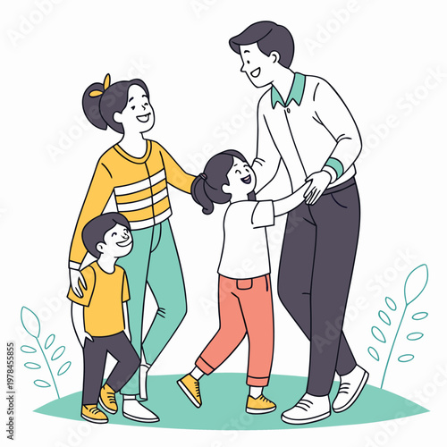 Happy family with two children enjoying an outdoor moment line art family time leisure time children connection together illustration childhood happiness relationships parenthood parenting